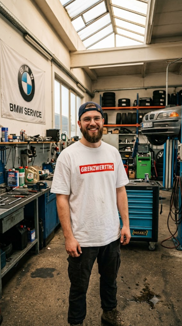 Unterstützer trägt das GRENZWERTTHC T-Shirt in einer Autowerkstatt